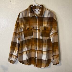 Just Polly Brown Flannel Shirt Jacket Plaid Shacket Size Medium Fall Soft Casual